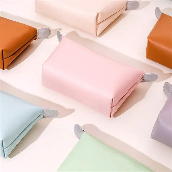 Compact Solid Secure Zipper PU Leather Cosmetic Pouch