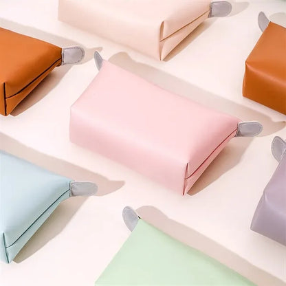 Compact Solid Secure Zipper PU Leather Cosmetic Pouch