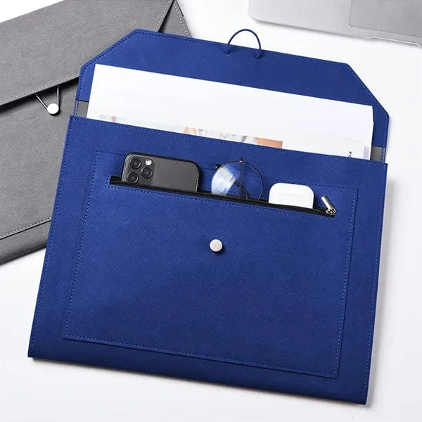 PU Leather File Bag with Elastic Closure and Zippered Pocket