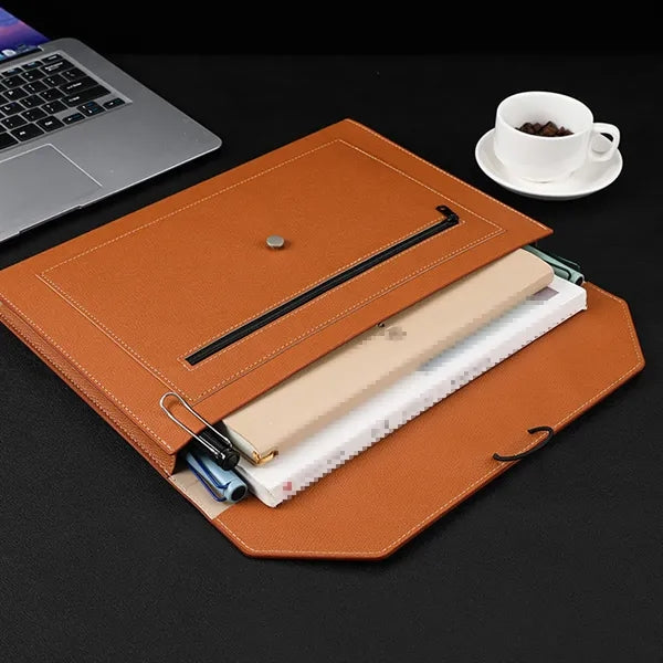 PU Leather File Bag with Elastic Closure and Zippered Pocket