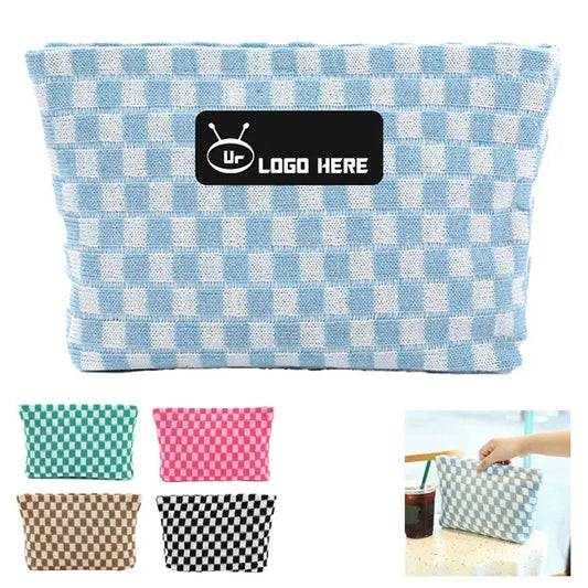 Wool Large Checkered Cosmetic Storage Bag with High Capacity