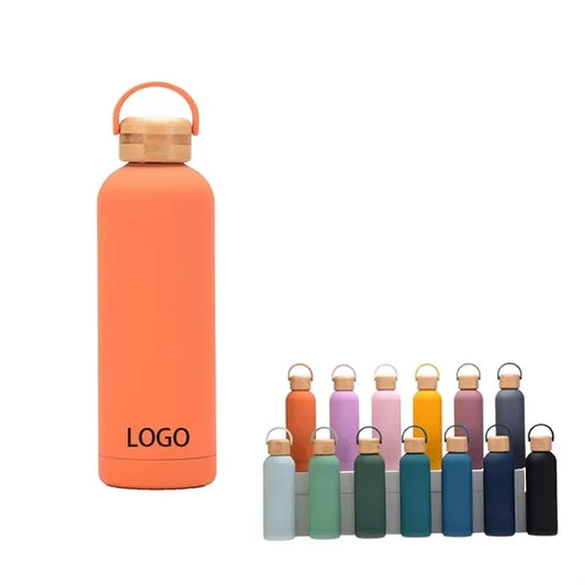 Stainless Steel Vacuum Bottles Metal with Wood Lid Bamboo