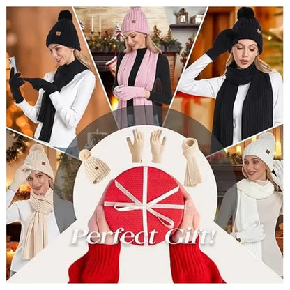 Womens Winter Beanie Hat Scarf Gloves Set