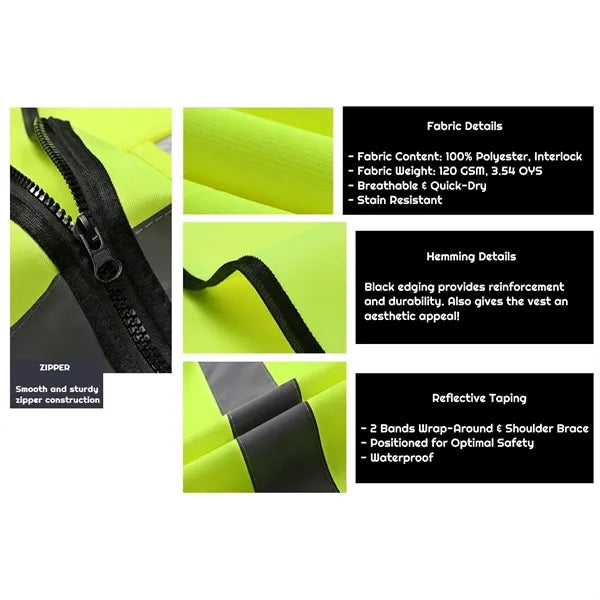 VISIPRO Unisex Front Zip Safety Vest w/ Reflective Bands & B