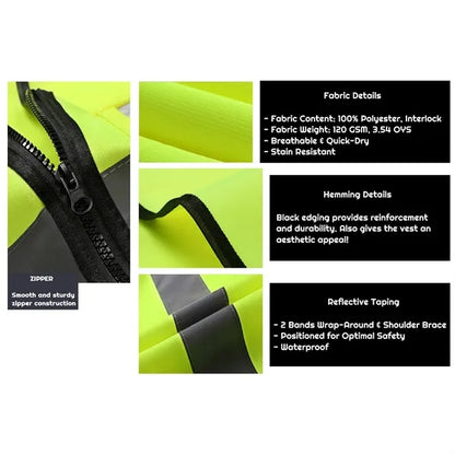 VISIPRO Unisex Front Zip Safety Vest w/ Reflective Bands & B