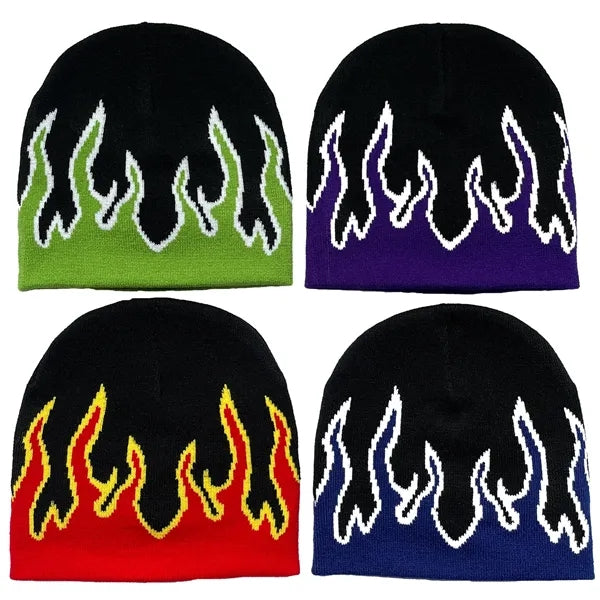 Flame Pattern Stretch Beanie with Custom Logo