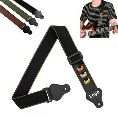 Adjustable Cotton Guitar Strap with 3 Guitar Picks Holders