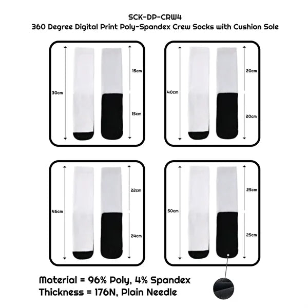 360 Degree Digital Print Poly-Spandex Crew Socks with