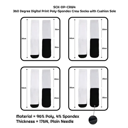 360 Degree Digital Print Poly-Spandex Crew Socks with