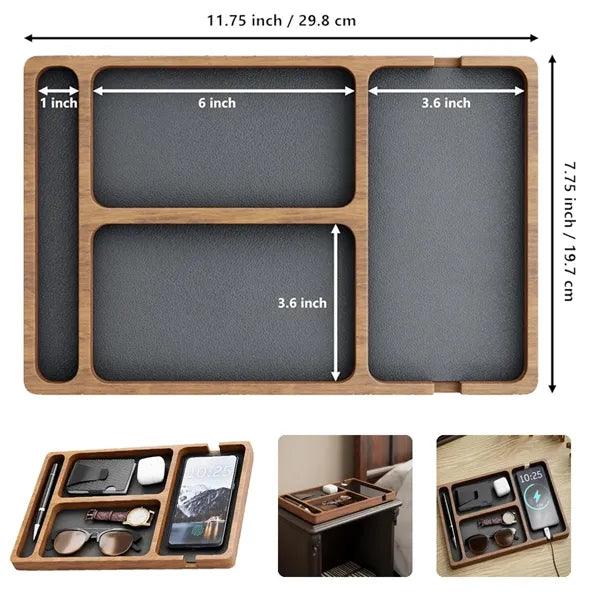 Multi-Compartment Built-in Charging Wooden Organizer Tray
