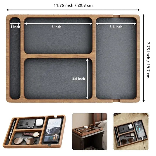 Multi-Compartment Built-in Charging Wooden Organizer Tray