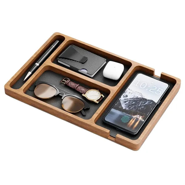 Multi-Compartment Built-in Charging Wooden Organizer Tray