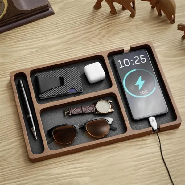 Multi-Compartment Built-in Charging Wooden Organizer Tray