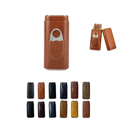 Premium Leather Cigar Case Humidor with Cutter
