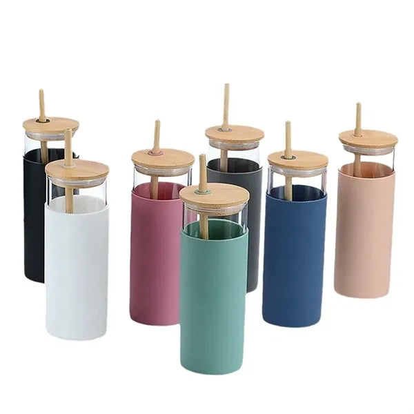 Bamboo Lid Straw Glass Cup 17OZ With Silicone Sleeve