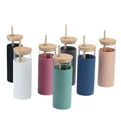 Bamboo Lid Straw Glass Cup 17OZ With Silicone Sleeve