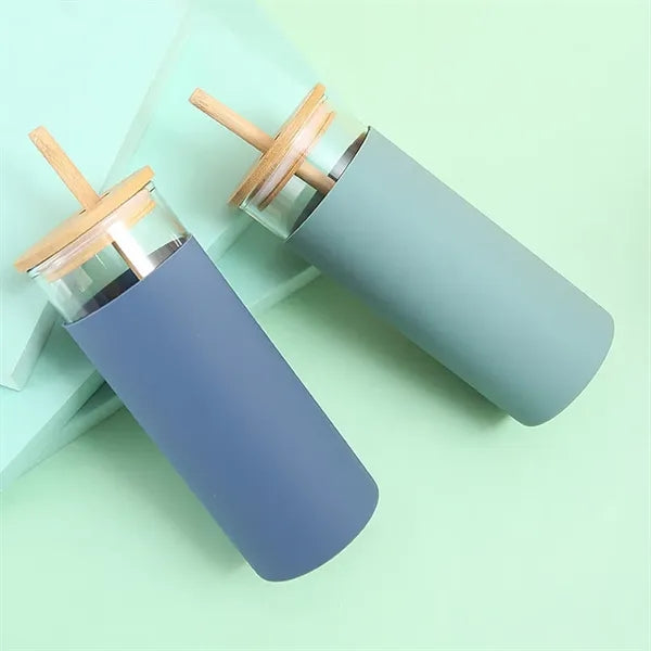 Bamboo Lid Straw Glass Cup 17OZ With Silicone Sleeve