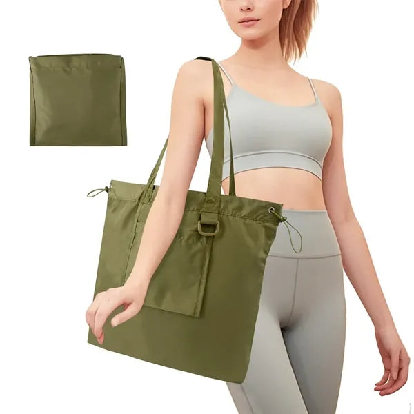 Spacious Foldable Dual-Pocket Drawstring Closure Tote Bag