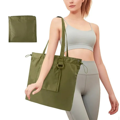 Spacious Foldable Dual-Pocket Drawstring Closure Tote Bag