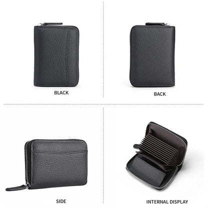 Compact Zippered Coin Pocket Genuine Cowhide RFID Wallet