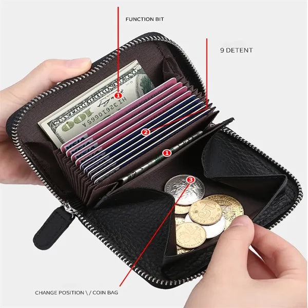 Compact Zippered Coin Pocket Genuine Cowhide RFID Wallet
