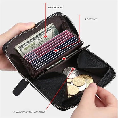 Compact Zippered Coin Pocket Genuine Cowhide RFID Wallet