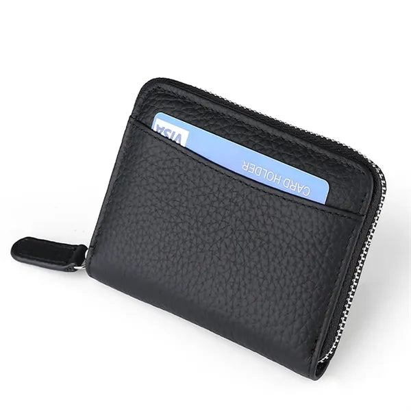 Compact Zippered Coin Pocket Genuine Cowhide RFID Wallet