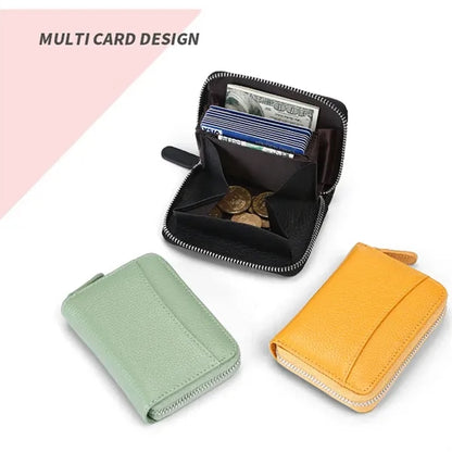 Compact Zippered Coin Pocket Genuine Cowhide RFID Wallet