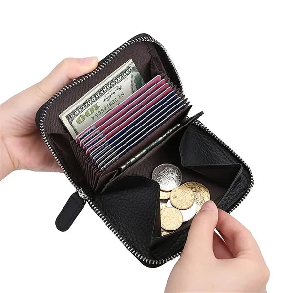 Compact Zippered Coin Pocket Genuine Cowhide RFID Wallet
