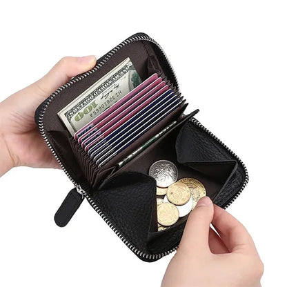 Compact Zippered Coin Pocket Genuine Cowhide RFID Wallet