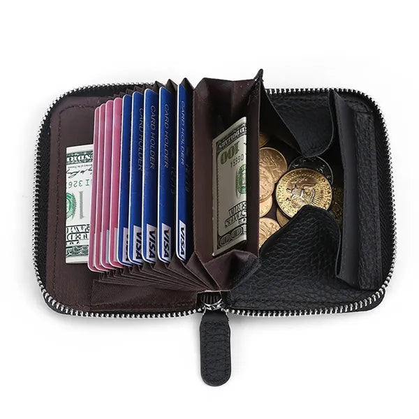 Compact Zippered Coin Pocket Genuine Cowhide RFID Wallet