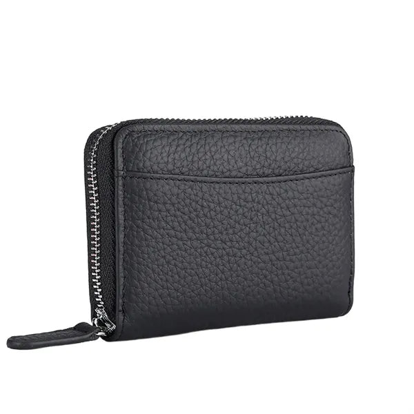 Compact Zippered Coin Pocket Genuine Cowhide RFID Wallet