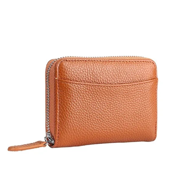 Compact Zippered Coin Pocket Genuine Cowhide RFID Wallet