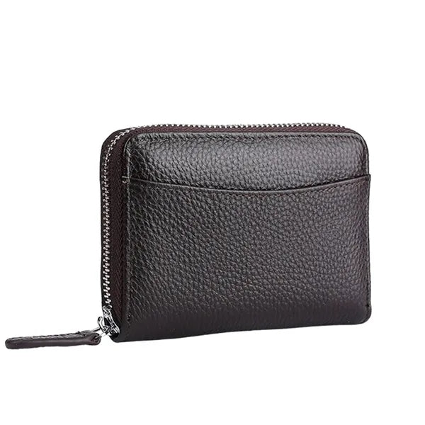 Compact Zippered Coin Pocket Genuine Cowhide RFID Wallet