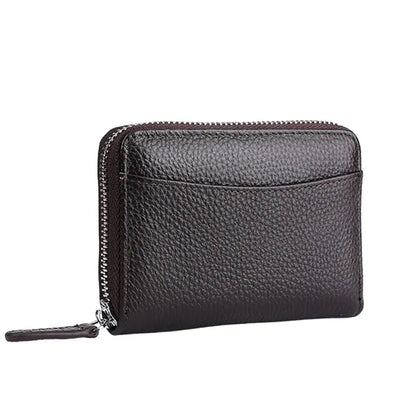 Compact Zippered Coin Pocket Genuine Cowhide RFID Wallet