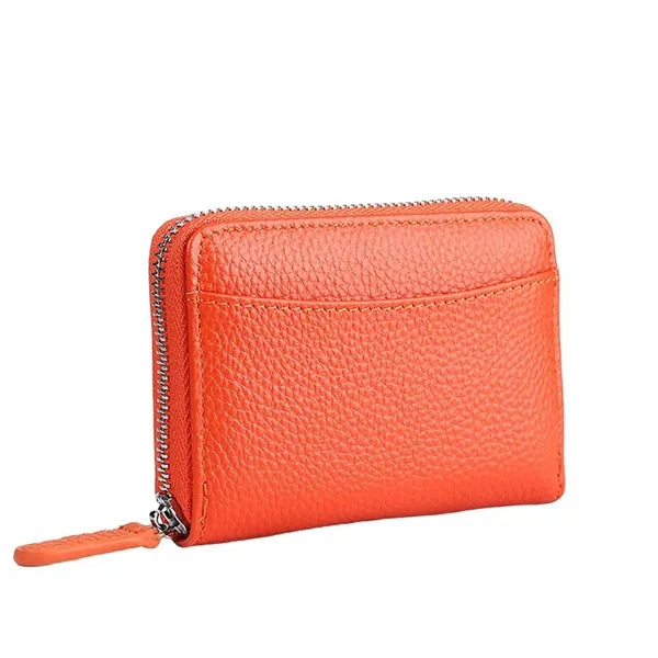 Compact Zippered Coin Pocket Genuine Cowhide RFID Wallet