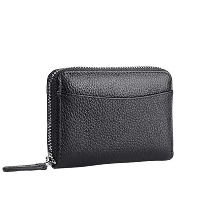 Compact Zippered Coin Pocket Genuine Cowhide RFID Wallet