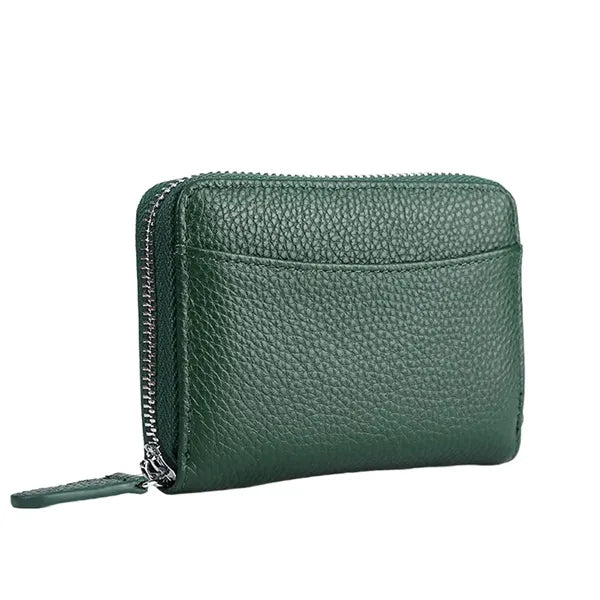 Compact Zippered Coin Pocket Genuine Cowhide RFID Wallet