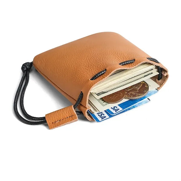 Vintage Secure Closure Wrist Loop Cowhide Drawstring Wallet