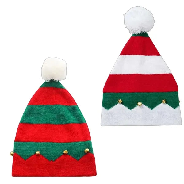 Christmas Striped Santa Hat Vintage Knitted Bells Cap