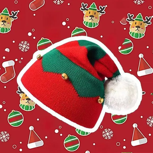 Christmas Striped Santa Hat Vintage Knitted Bells Cap