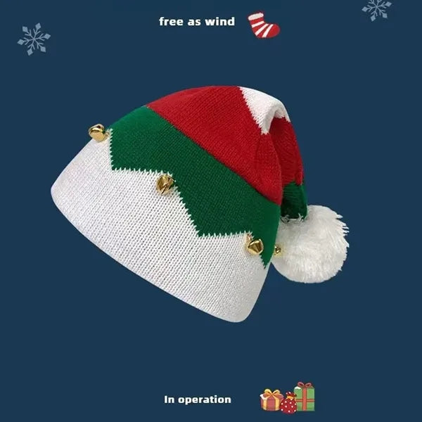 Christmas Striped Santa Hat Vintage Knitted Bells Cap