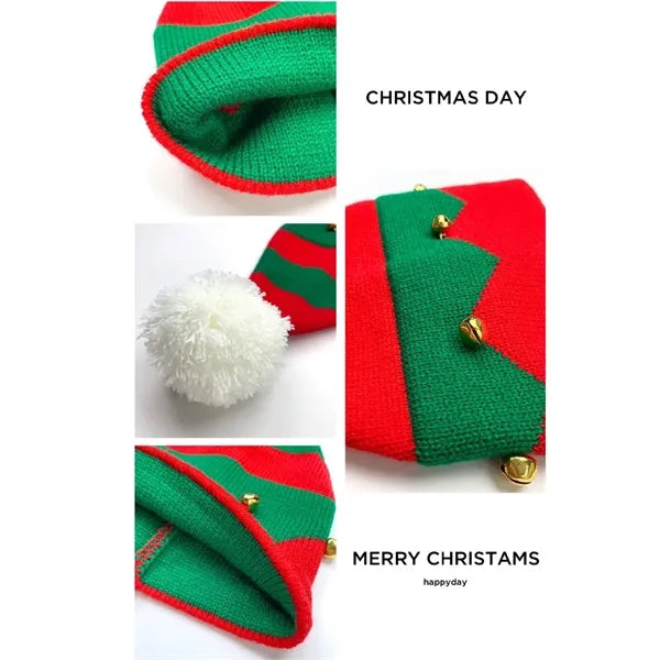 Christmas Striped Santa Hat Vintage Knitted Bells Cap