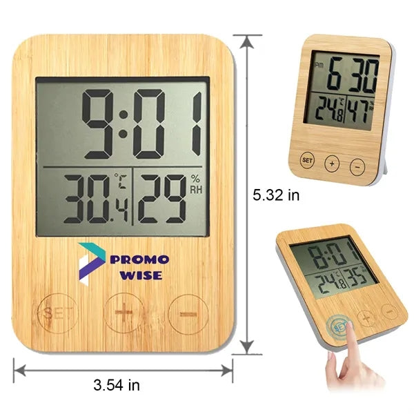 LED Bamboo Frame Clock with Temperature and Humidity Display
