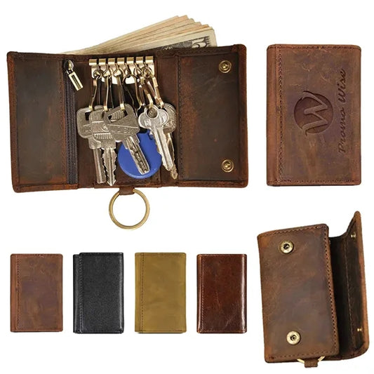 Crazy Horse Leather Tri-fold Wallet with Metal Key Hook