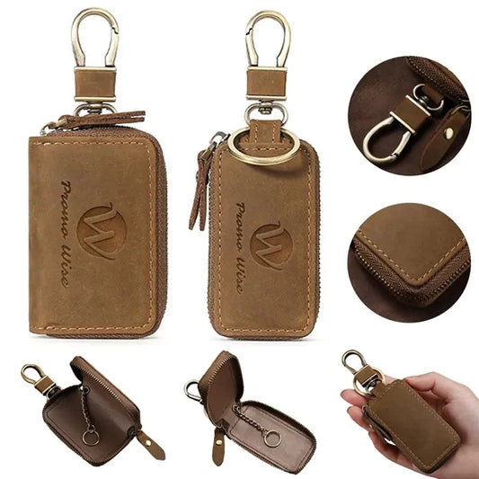 Crazy Horse Leather Minimalist Retro Palm-Sized Car Key Case