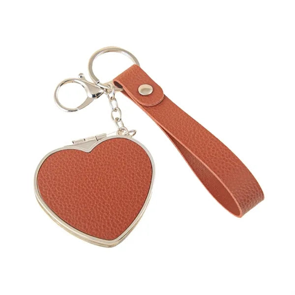 Portable Compact PU Leather Heart-Shaped Keychain Mirror