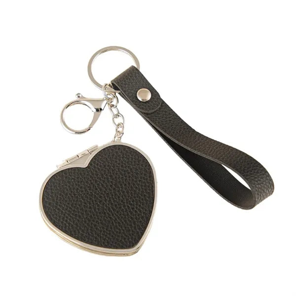 Portable Compact PU Leather Heart-Shaped Keychain Mirror