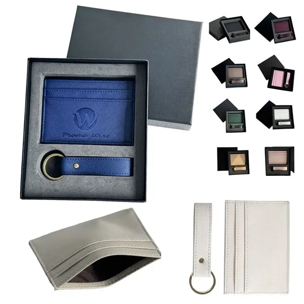 Slim Multi-Slot PU Leather Card Holder Keychain Set