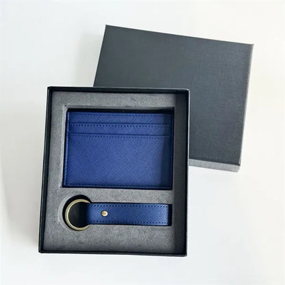 Slim Multi-Slot PU Leather Card Holder Keychain Set